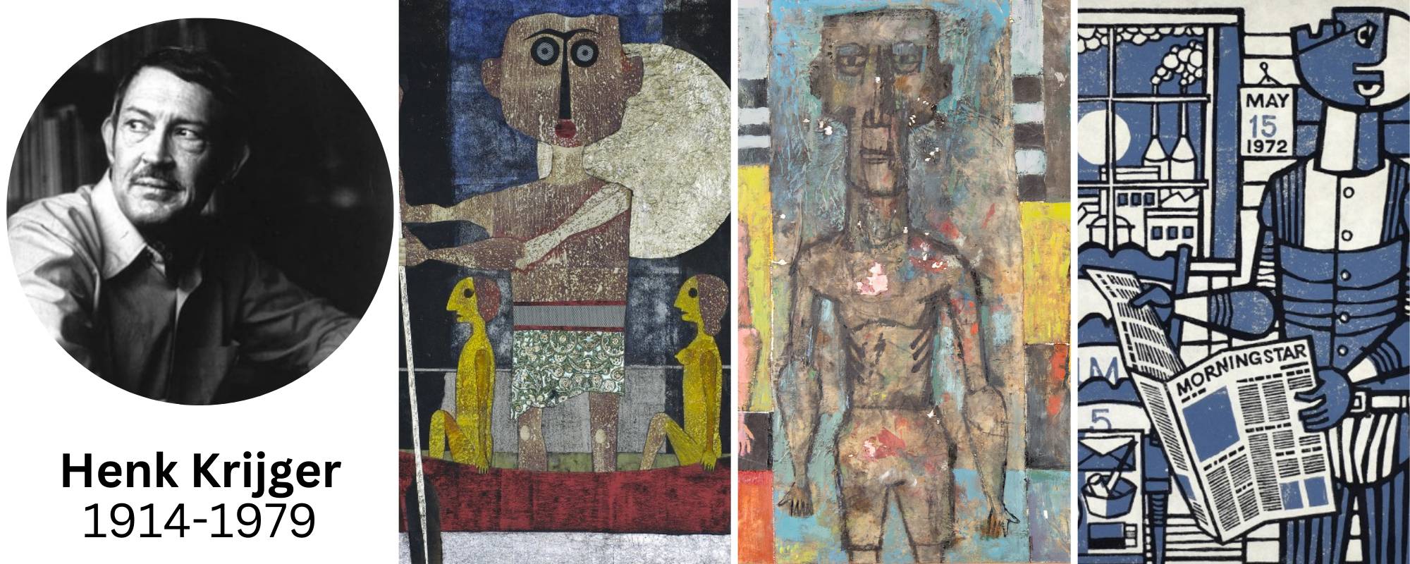 Photograph of Henk Krijger with three examples of his work.